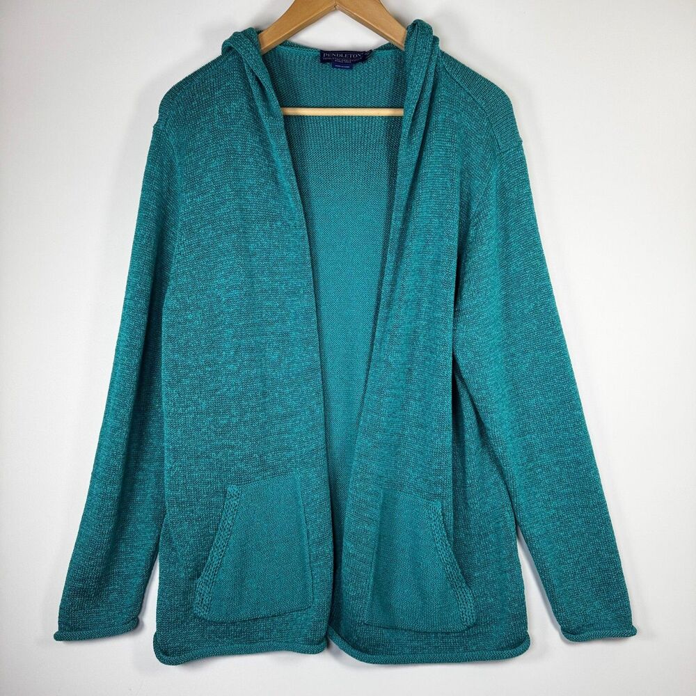 Pendleton Cardigan Sweater Women XL Petite Green Hoodie Knit Long Sleeve Pockets